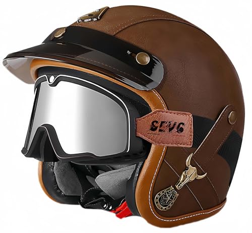 3/4 Vintage Helm Retro Motorradhelm Erwachsene Halbhelm ECE Approved Vintage Für Männer Und Frauen Mit Schutzbrille Offenes Gesicht Mopedhelm C,XL61-62CM von BDBRHFG