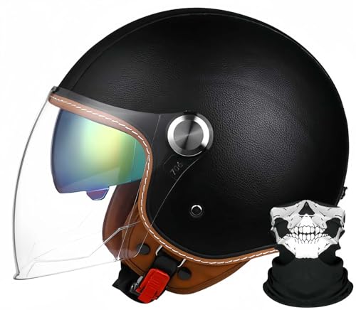 3/4Retro Motorrad Halbhelme Motorradhelm Für Herren Und Damen ECE-Zertifizierung Leder Jethelm Halbschalenhelm Braincap Mit Sonnenblende Moped Scooter Offenem Helm B,XXL62-64CM von BDBRHFG