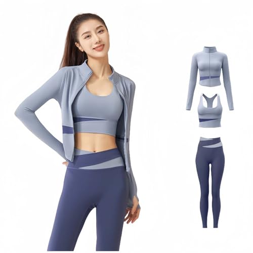 3-Teiliges Workout-Outfit-Set Für Damen, Laufjacke Mit Sport-Yoga-Weste, Po-Lifting-Leggings, Passendes Trainingsanzug-Set A,XL von BDBRHFG