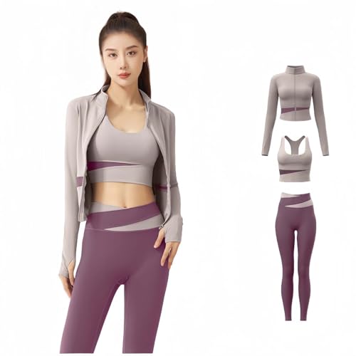 3-Teiliges Workout-Outfit-Set Für Damen, Laufjacke Mit Sport-Yoga-Weste, Po-Lifting-Leggings, Passendes Trainingsanzug-Set B,L von BDBRHFG