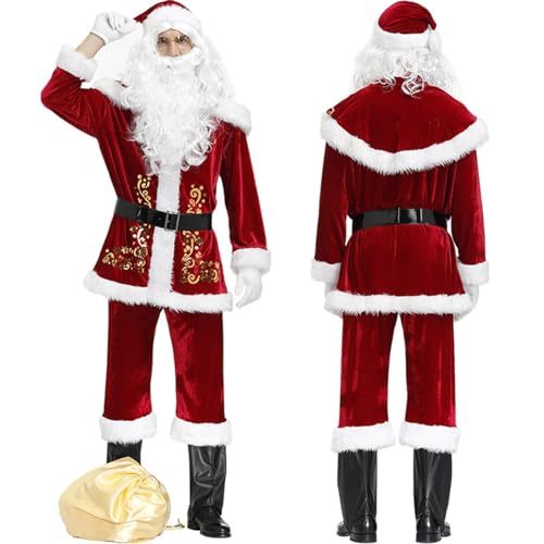 BDBRHFG 7-Teiliges Weihnachtsset Deluxe-Samt-Weihnachtsmann-Kostüm Für Erwachsene, Königliches Plüsch-Weihnachtsmann-Kostüm, Ausgefallenes Kleid, Samtkostüm A,L von BDBRHFG