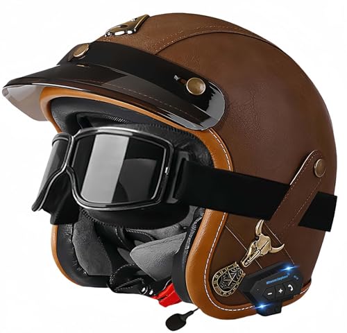 Bluetooth-Helme, Vintage-Motorrad-Halbhelm, ECE-geprüfter offener Mopedhelm mit doppelter Größenverstellung für Cruiser-Bikes, Erwachsene, Männer und Frauen D,M54-56CM von BDBRHFG