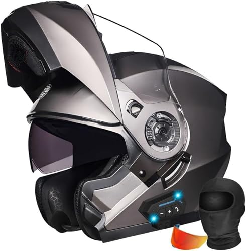 Bluetooth-Modular-Motorradhelm, Motorrad-Klapphelm Mit Gläsern, ECE-Zertifizierter Modularer Integralhelm, Eingebautes Mikrofon, Automatische Reaktion, Unisex E,XXL61-62CM von BDBRHFG