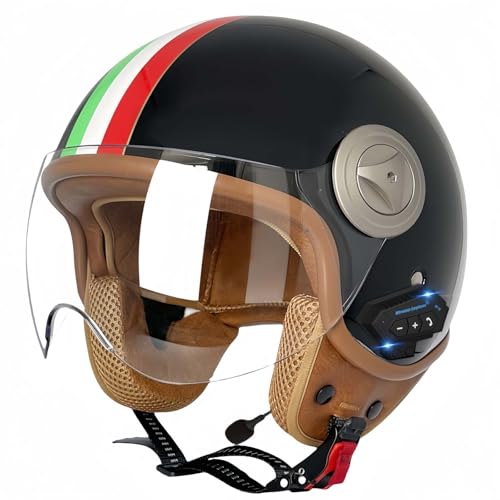 Bluetooth-Motorradhelm, Motorradhelm, Rollerhelm, ECE-Zertifiziert, Retro-Motorradhelm Für Erwachsene, Mopedhelm Mit Sonnenblende Für Männer Und Frauen G,XL59-60CM von BDBRHFG