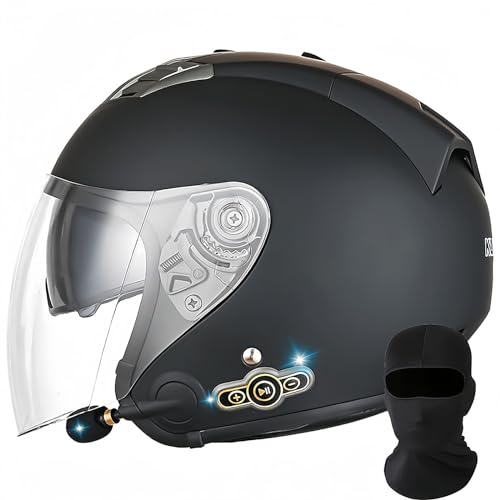 Bluetooth-Motorradhelm Mit Offenem Gesicht, DOT/ECE-Zugelassener Jet-Halbmotorradhelm Mit Visier, Mofa-Crash-Moped-Roller-Helm, Chopper Cruiser Pilot, Rennkappe, Unisex F,M 57-58 cm von BDBRHFG