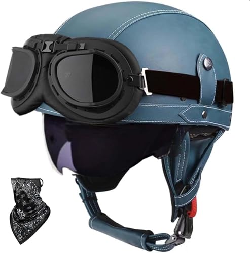 Deutscher Helm Halboffener Vintage-Motorradhelm Halbhelm ECE-Zertifizierung Helm Mit Sonnenbrille Für Mopeds Cruiser Vintage-Helm Schnellverschluss D,S55-56CM von BDBRHFG