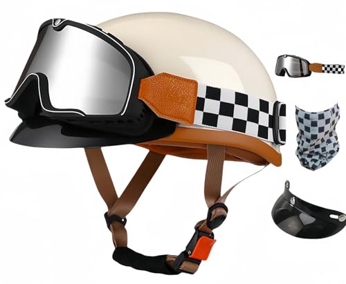 Deutscher Helm Halboffener Vintage Offener Motorradhelm Halbhelm ECE-Zertifizierung Helm Mit Sonnenbrille Für Mopeds Helm-Schnellverschlussschnallen I,M54-56CM von BDBRHFG