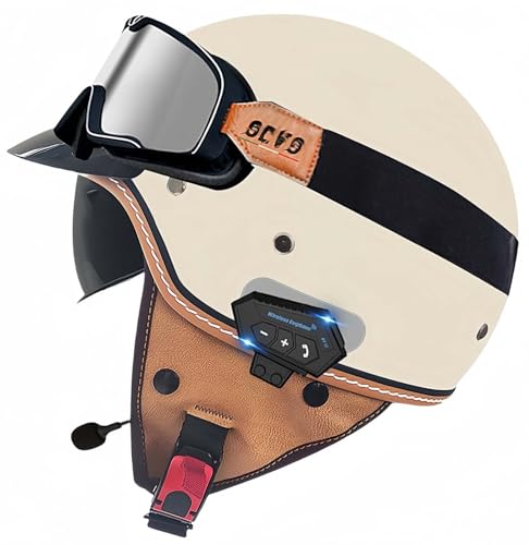 Retro-Bluetooth-Helm Mit Offenem Gesicht, Demi-Jet-Rollerhelm Mit Visier Mit Offenem Gesicht, Klassischer Jet-Motorradhelm, Vintage, ECE-Zugelassener Für Männer Und Frauen B,M57-58CM von BDBRHFG