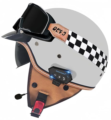 Retro-Bluetooth-Helm Mit Offenem Gesicht, Demi-Jet-Rollerhelm Mit Visier Mit Offenem Gesicht, Klassischer Jet-Motorradhelm, Vintage, ECE-Zugelassener Für Männer Und Frauen J,L59-60CM von BDBRHFG