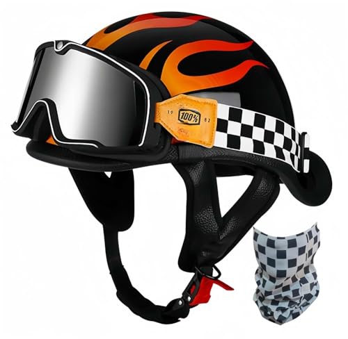 Retro-Motorrad-Halbhelm, Retro-Kappe, ECE-Zertifizierter Helm, Cruiser-Roller-Fahrer, Integrierter Helm, Unisex-Schnellverschluss-Helm D,S52-53CM von BDBRHFG