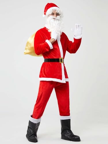 Weihnachtsmann-Kostüm Für Männer Und Frauen, Weihnachtsmann-Outfit-Set, Luxus-Weihnachtsmann-Mütze Für Erwachsene, Bart, Hemd, Hose, Gürtel, Stiefelhandschuhe,Brilleperücke,Gold A,(170-175) cm von BDBRHFG