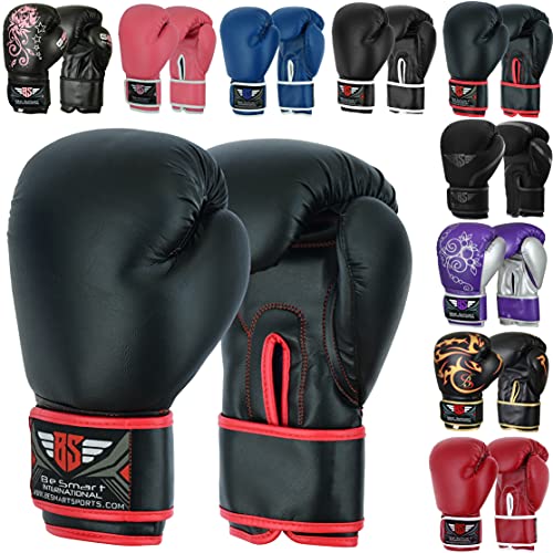 Pro Leder Boxhandschuhe, für MMA, Sparring-Tasche, Muay Thai Trainingshandschuhe, Black/Red/Plain, 4 Oz von BE SMART