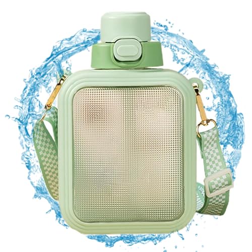 BEAHING Nette Wasserflaschen mit Stroh und verstellbares Gurt Square Trinkflasche mit Cartoon -Aufkleber 700 ml Geschenke für Mädchen Office School Green Square Wasserflasche von BEAHING