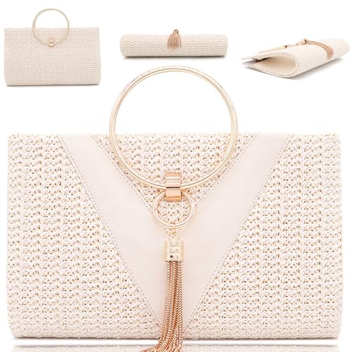 BEAHING Strohbeutel für Frauen, Elegante Abendbetriebszene Summer Beach Umhängetasche Stroh Abend Handtaschen mit runden Ringgriff und Riemen von BEAHING