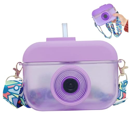 Wasserflasche mit Stroh, 13,5 Unzen Kamera Wasserflasche und Lecksof niedliche Wasserflasche BPA Freie Wasserflasche mit verstellbarem Schultergurt für Schulcamping Sport Purple Kamera Wasserflasche von BEAHING