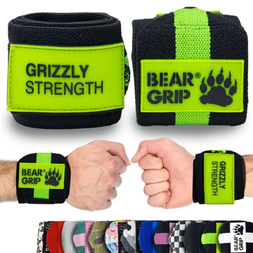 BEAR GRIP - Premium Heavy Duty Gewichtheben Handgelenkbandagen, Bodybuilding, Crossfit, Powerlifting, Strongman (61 cm, Black Green) von BEAR GRIP