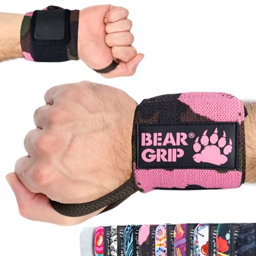 BEAR GRIP Sonderedition Premium Gewichtheben Handgelenkstützen (Pinkes Tarnmuster, 18 Zoll) von BEAR GRIP
