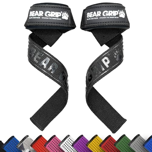 BEAR GRIP Straps - Premium Neopren-gepolsterte, doppelt genähte Heavy-Duty-Gewichthebegurte mit Gel-Griff, 100% Baumwolle, Extra lange Länge (Elite Komplett Schwarz) von BEAR GRIP