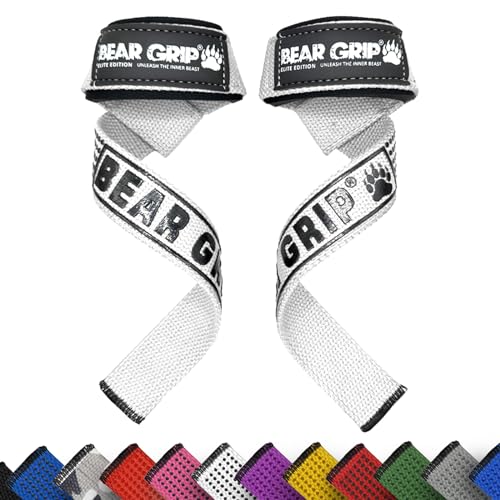 BEAR GRIP Straps - Premium Neopren-gepolsterte, doppelt genähte Heavy-Duty-Gewichthebegurte mit Gel-Griff, 100% Baumwolle, Extra lange Länge (Weiß) von BEAR GRIP