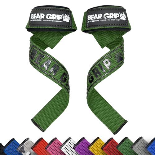 BEAR GRIP Straps - Premium Neopren-gepolsterte, doppelt genähte Heavy-Duty-Gewichthebegurte mit Gel-Griff, 100% Baumwolle, Extra Lange Länge (Khaki) von BEAR GRIP