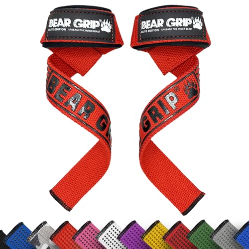 BEAR GRIP Straps - Premium Neopren-gepolsterte, doppelt genähte Heavy-Duty-Gewichthebegurte mit Gel-Griff, 100% Baumwolle, Extra lange Länge (Rot) von BEAR GRIP