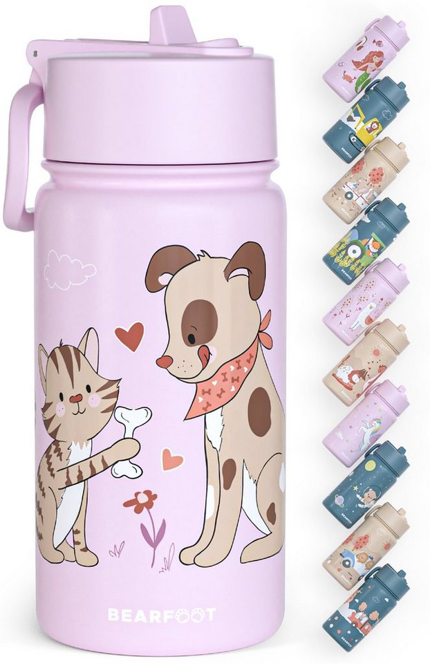 BEARFOOT Trinkflasche Thermo Kinder Trinkflasche Edelstahl - Hund&Katze lila, Thermosflasche, auslaufsicher, Edelstahl, Kinderflasche, BPA-frei von BEARFOOT