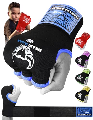 BEAST RAGE Boxbandagen Herren, Gelhandschuhe MMA 75 cm lang Boxbandagen elastisch, gepolstert Gel Innenhandschuhe Boxen, Boxsack, Training Muay Thai, Handbandagen Kinder (blau, Kids Junior) von BEAST RAGE