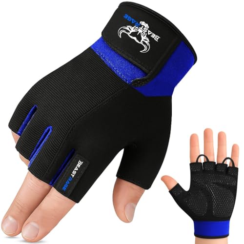 BEAST RAGE Fitness-Handschuhe, Gewichtheben, Training, rutschfest, gepolsterte Handfläche, Halbfinger, Powerlifting, Workout, Übungshandschuhe für Damen und Herren, Blau, Größe S von BEAST RAGE