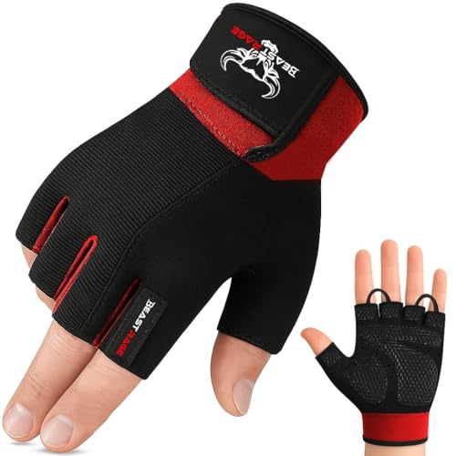 BEAST RAGE Fitness-Handschuhe, Gewichtheben, Training, rutschfest, gepolsterte Handfläche, Halbfinger, Powerlifting, Workout, Übungshandschuhe für Damen und Herren, Rot, Größe S von BEAST RAGE