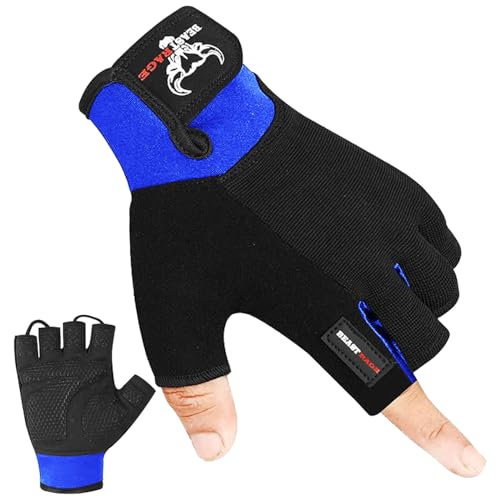 BEAST RAGE Fitnesshandschuhe, Gewichtheberhandschuhe, Trainingshandschuhe mit rutschfester, gepolsterter Handfläche, Halbfinger, Powerlifting-Workout-Trainingshandschuhe für Männer und Frauen (Blau, L von BEAST RAGE