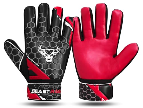 BEAST RAGE Fußball-Torwarthandschuhe für Kinder, Jungen, Jugendliche, Fußball-Torwarthandschuhe, 4 mm, rutschfeste Latex-Handfläche, doppelte Handgelenkstütze, Allwetter-Fußballhandschuhe (rot, Größe von BEAST RAGE