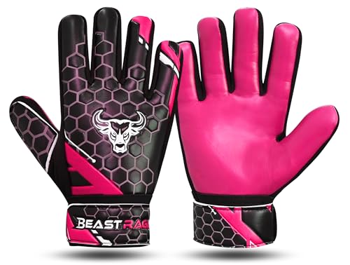 BEAST RAGE Fußball-Torwarthandschuhe für Kinder, Jungen, Jugendliche, Fußball-Torwarthandschuhe, 4 mm, rutschfeste Latex-Handfläche, doppelte Handgelenkstütze, Allwetter-Fußballhandschuhe (Rosa, Größe von BEAST RAGE