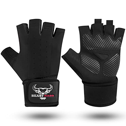 BEAST RAGE Gewichtheberhandschuhe für Herren und Damen, Handgelenkstütze, gepolstert, Handflächenschutz, atmungsaktiv, eng anliegend, für Fitness, Training, Fitnessstudio-Handschuhe (Schwarz, XL) von BEAST RAGE