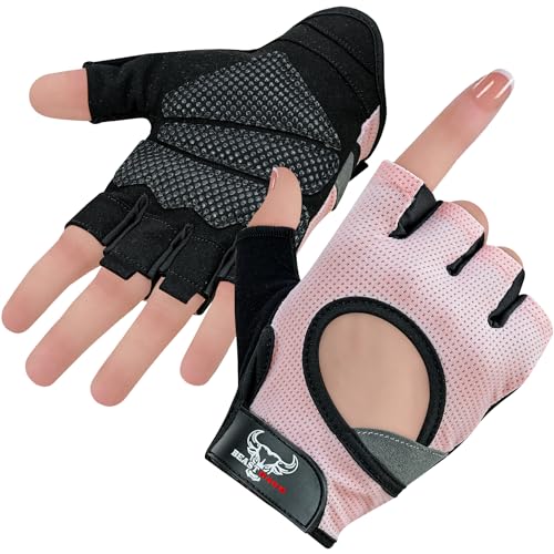 BEAST RAGE Gewichtheberhandschuhe für Männer und Frauen, Gym Handschuhe für Crossfit.Atmungsaktiv,rutschfest Silikon gepolsterte Handfläche Schutz Trainingshandschuhe für Gewichtheben (PINK, L) von BEAST RAGE