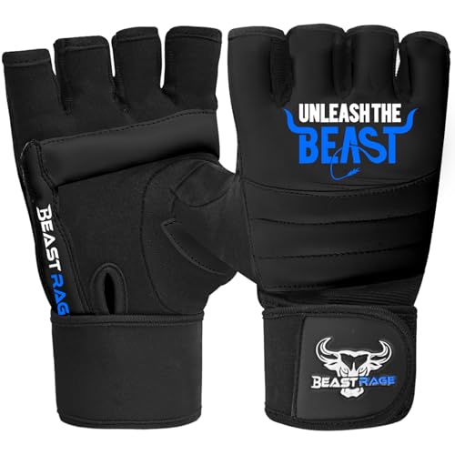 BEAST RAGE MMA Boxhandschuhe Karate Mitts Handschuhe für Männer und Frauen, Punch Bag Taekwondo Half Finger Kickboxing Sparring Martial Arts Boxing Training Gloves (Schwarz/Blau, L) von BEAST RAGE