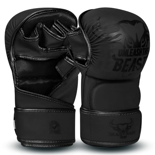 BEAST RAGE MMA-Handschuhe für Männer und Frauen, verstellbare Handgelenkstütze, offene Handfläche, Kampfsport-Handschuhe, Grappling, Sparring für Muay Thai-Käfig, Kampf, Taekwondo, Kickboxen, von BEAST RAGE