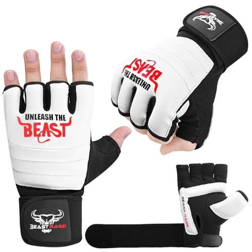 BEAST RAGE Punch Bag Taekwondo Karate Mitts Handschuhe für Männer und Frauen,Half Finger MMA Kickboxing Sparring Martial Arts Boxing Training Gloves - Training Light Workouts (Weiß, L) von BEAST RAGE