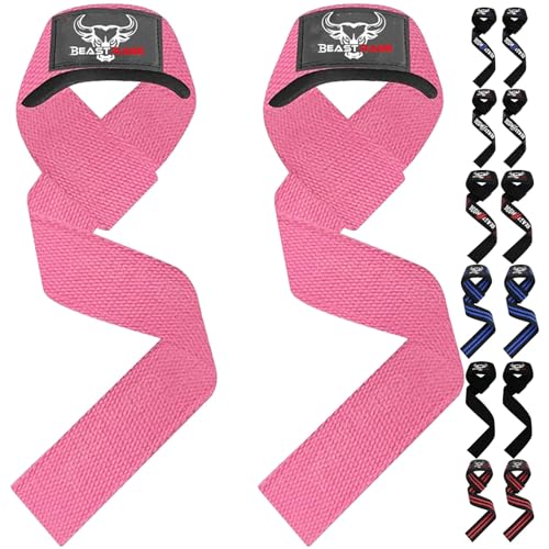 BEAST RAGE Zughilfen für Krafttraining (Fitness Straps) Kreuzheben Gurte Frauen Männer (Gepolstert) Gewichthebergurte Baumwolle Handgelenkstütze Griffe Hantel Bar (Lifting Straps) (T-Pink) von BEAST RAGE