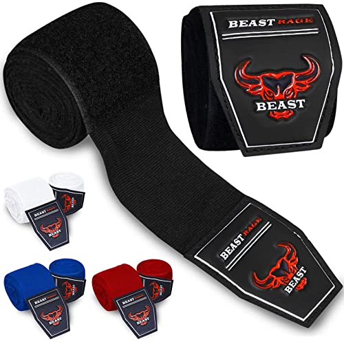 Beast Rage Boxbandagen 2,5 Meter Kampfsport-Bandagen, Innenhandschuhe, Handgelenkstütze, Boxen unter den Handknöcheln, schwer, elastisch, Trainingstasche, Muay Thai (schwarz, 2,5 M) von BEAST RAGE