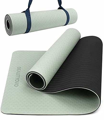 Yogamatte Rutschfest mit Tragegurt, 8mm Extradick Yoga Matte, TPE Schadstofffrei Sportmatte für Zuhause oder Draußen, Fitnessmatte für Yoga Pilates Workout, Gymnastikmatte Doppelseitig von BEAUTYOVO