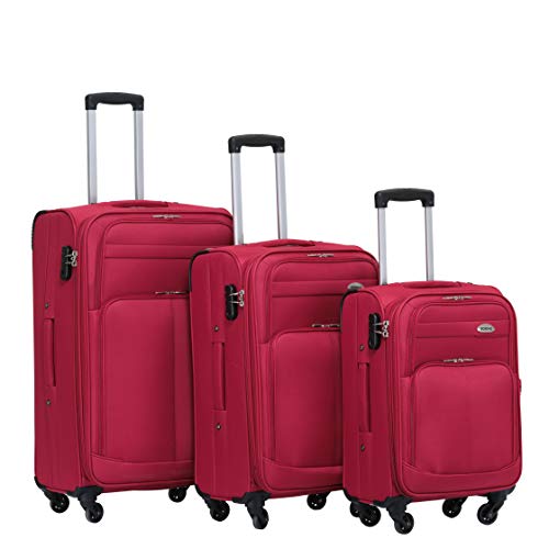 BEIBYE 4 Rollen Reisekoffer 3tlg.Stoffkoffer Handgepäck Kindergepäck Gepäck Koffer Trolley Set-XL-L-M (Weinrot, Set) von BEIBYE