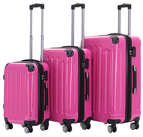 BEIBYE Hartschalen Koffer Trolley Rollkoffer Reisekoffer 4 Zwillingsrollen Polycabonat (Pink, Kofferset) von BEIBYE
