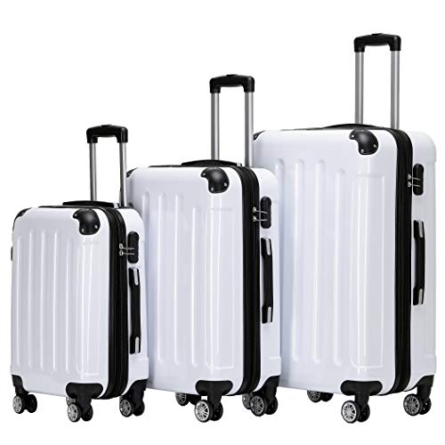 BEIBYE Hartschalen Koffer Trolley Rollkoffer Reisekoffer 4 Zwillingsrollen Polycabonat (Weiß, Kofferset) von BEIBYE