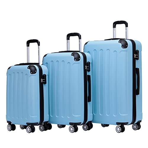BEIBYE Hartschalen-Koffer Trolley Rollkoffer Reisekoffer Sicherheit Zahlenschloß Zwillingsrolle ABS Material Handgepäck 4 Rollen (M-L-XL-Set) (Glacial Blue, Set) von BEIBYE