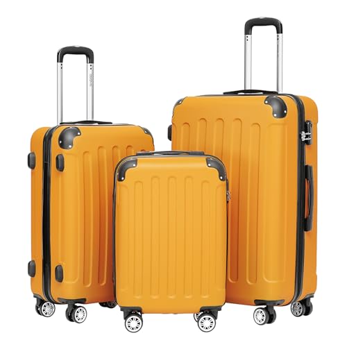 BEIBYE Hartschalen-Koffer Trolley Rollkoffer Reisekoffer Sicherheit Zahlenschloß Zwillingsrolle ABS Material Handgepäck 4 Rollen (M-L-XL-Set) (Orangen, Set) von BEIBYE