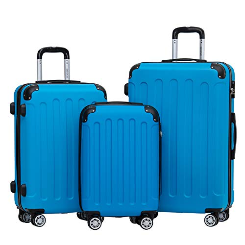 BEIBYE- Hartschalenkoffer Koffer Trolley Rollkoffer Reisekoffer Zahlenschloß 4 Zwilings-Rollen (Cyan-Blue, Koffer-Set) von BEIBYE