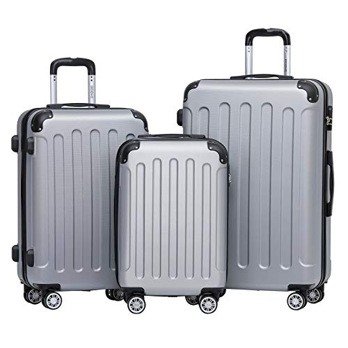 BEIBYE- Hartschalenkoffer Koffer Trolley Rollkoffer Reisekoffer Zahlenschloß 4 Zwilings-Rollen (Silver, Koffer-Set) von BEIBYE