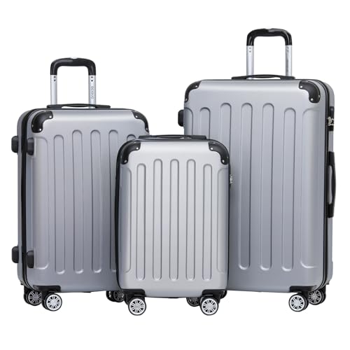 BEIBYE Zwillingsrollen Hardcase Reisekoffer Koffer Trolleys Hartschale in XL-L-M in 14 Farben (Silber, Kofferset) von BEIBYE