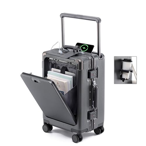 BEITH Koffer Handgepäck, BS849-2 Reisekoffer mit Getränkehalter, USB, Type-C, Aluminiumrahmen Hartschalenkoffer, PC Hülse, Breite Hubstange, TSA-Zollschloss, Vorne zu öffnen, 360° TPU Silent Rollen von BEITH