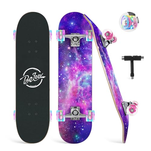 BELEEV LED-Leuchträder Skateboard 31x8 Zoll, Komplette Cruiser Skateboard für Erwachsene Jugendliche Kinder, 7-Lagiger Kanadischer Ahorn Double Kick Deck Concave, All-in-one Skate T-Tool für Anfänger BELEEV LED-Leuchträder Skateboard 31x8 Zoll, Komplette Cruiser Skateboard für Erwachsene Jugendliche Kinder, 7-Lagiger Kanadischer Ahorn Double Kick Deck Concave, All-in-one Skate T-Tool für Anfänger von BELEEV